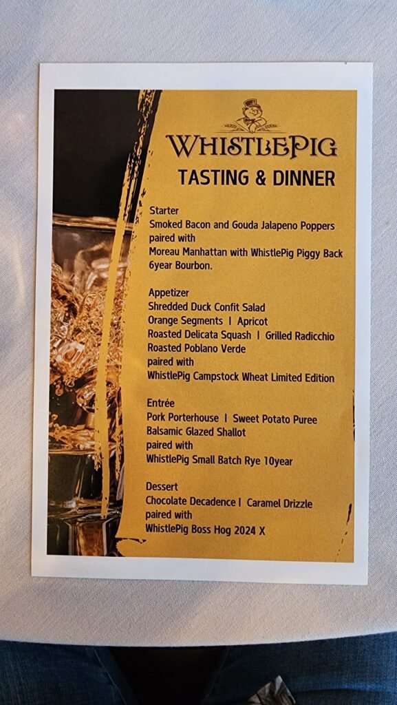 a menu of whistlepig dinner