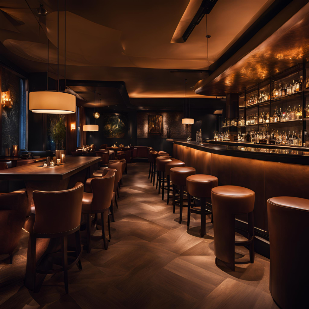 dimly lit bar with leather chairs and bar top