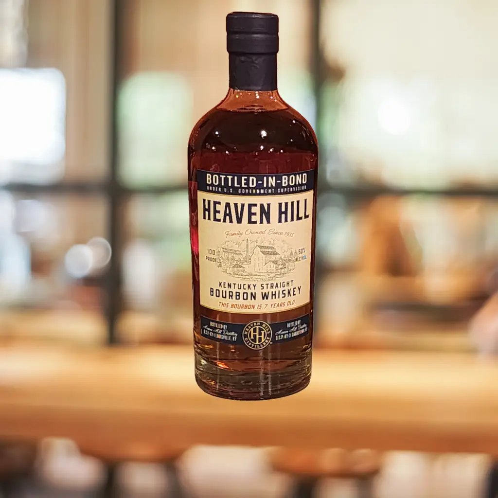 Bottle of Heaven Hill bottle in bond bourbon 100 proof bourbon