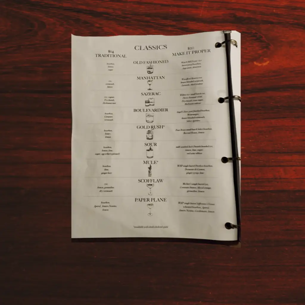 cocktail menu with a list of different cocktails