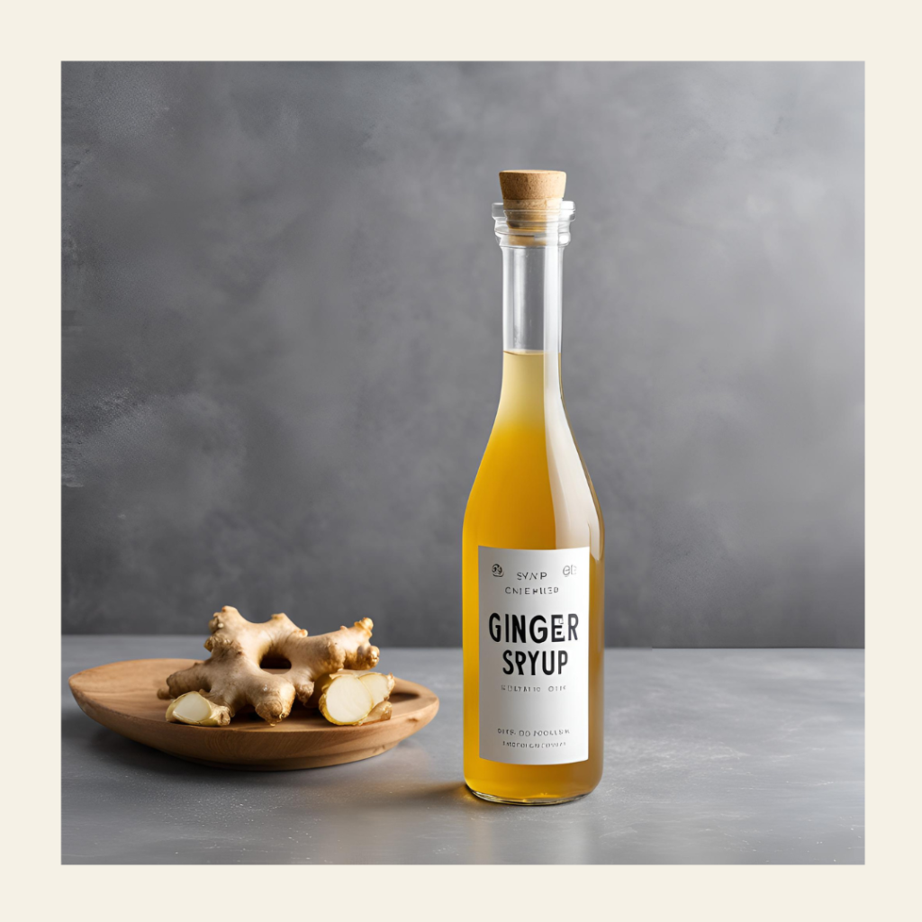 a bunch of ginger with a bottle of ginger sryup