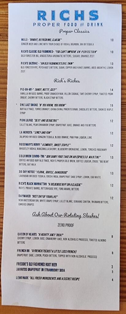 Richs Proper Cocktail Menu