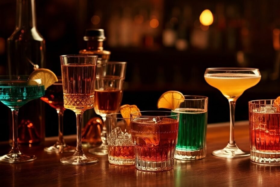 a collection of cocktails and drinks on a bar