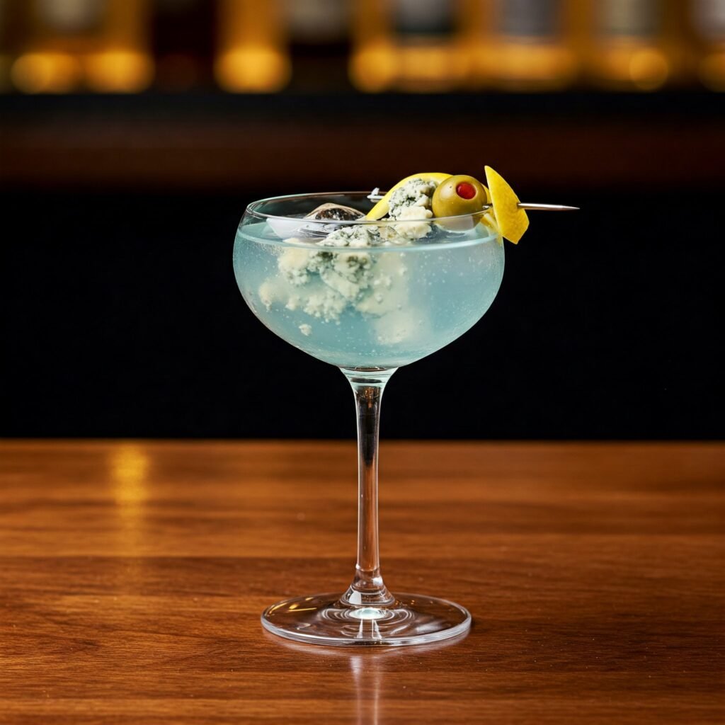martini glass on a bar called a "Feet-ini" Cocktail